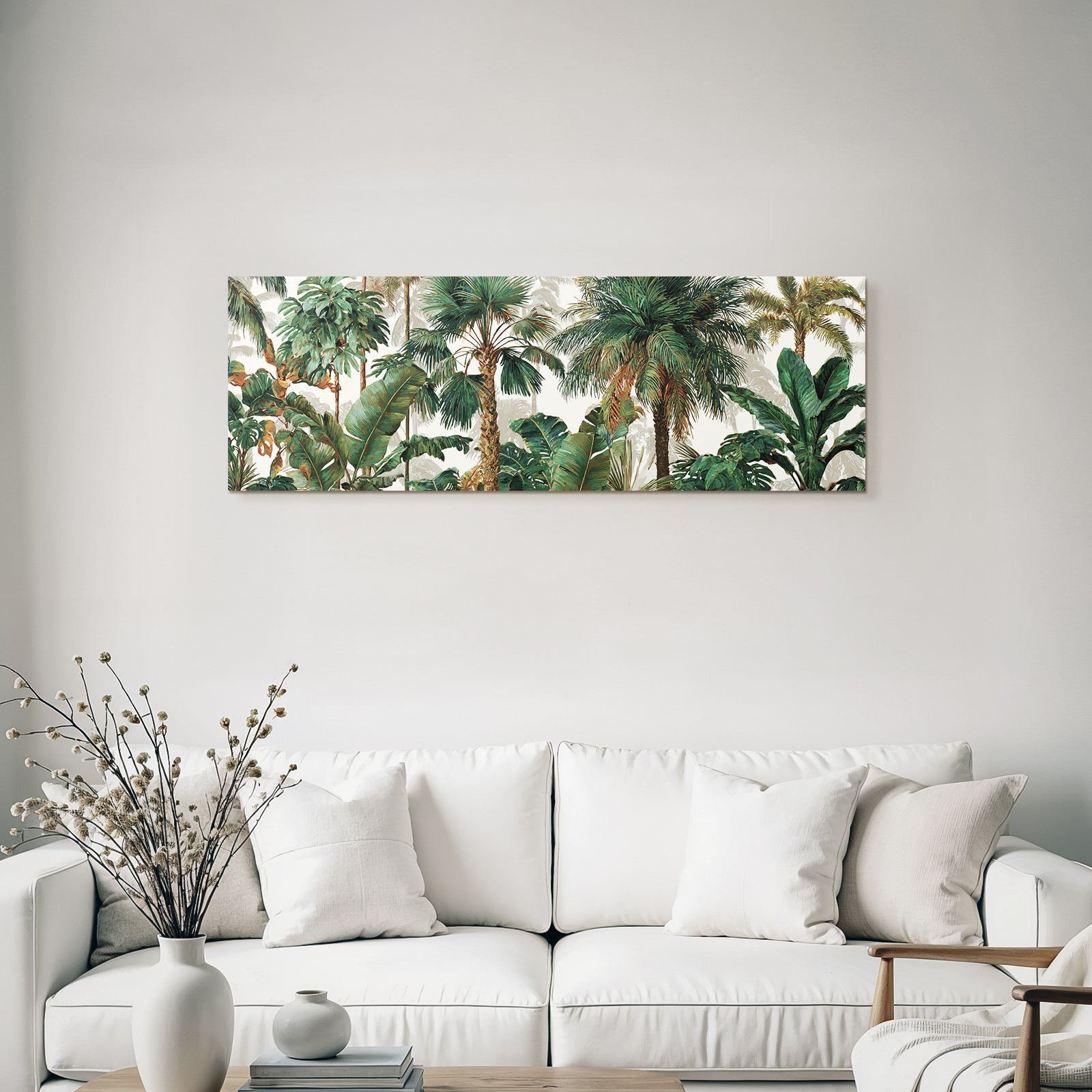Tropics and jungle. Tropical plant landscape with palm trees and green leaves.