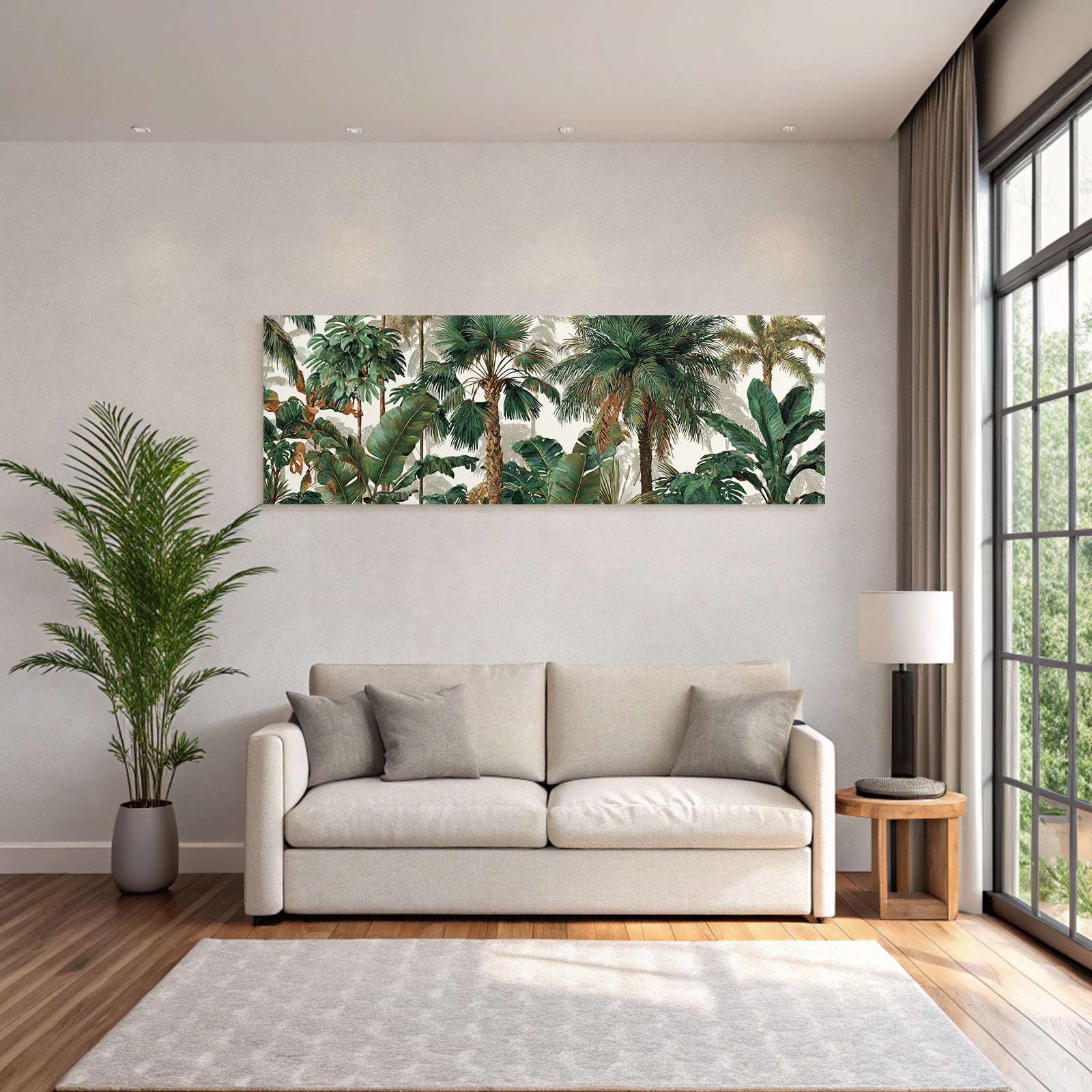 Tropics and jungle. Tropical plant landscape with palm trees and green leaves.