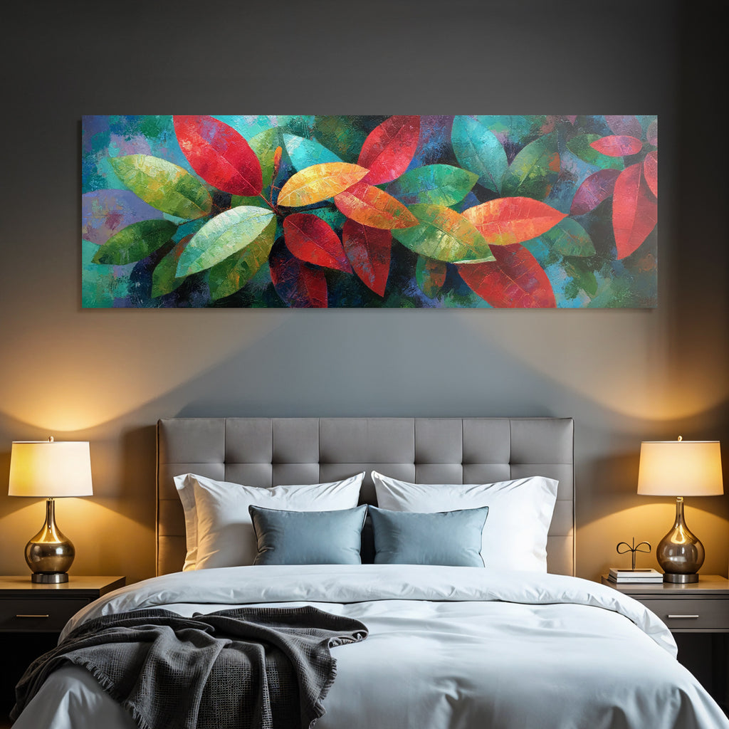 Tropics and jungle vibrant arrangement of leaves in red, green and orange