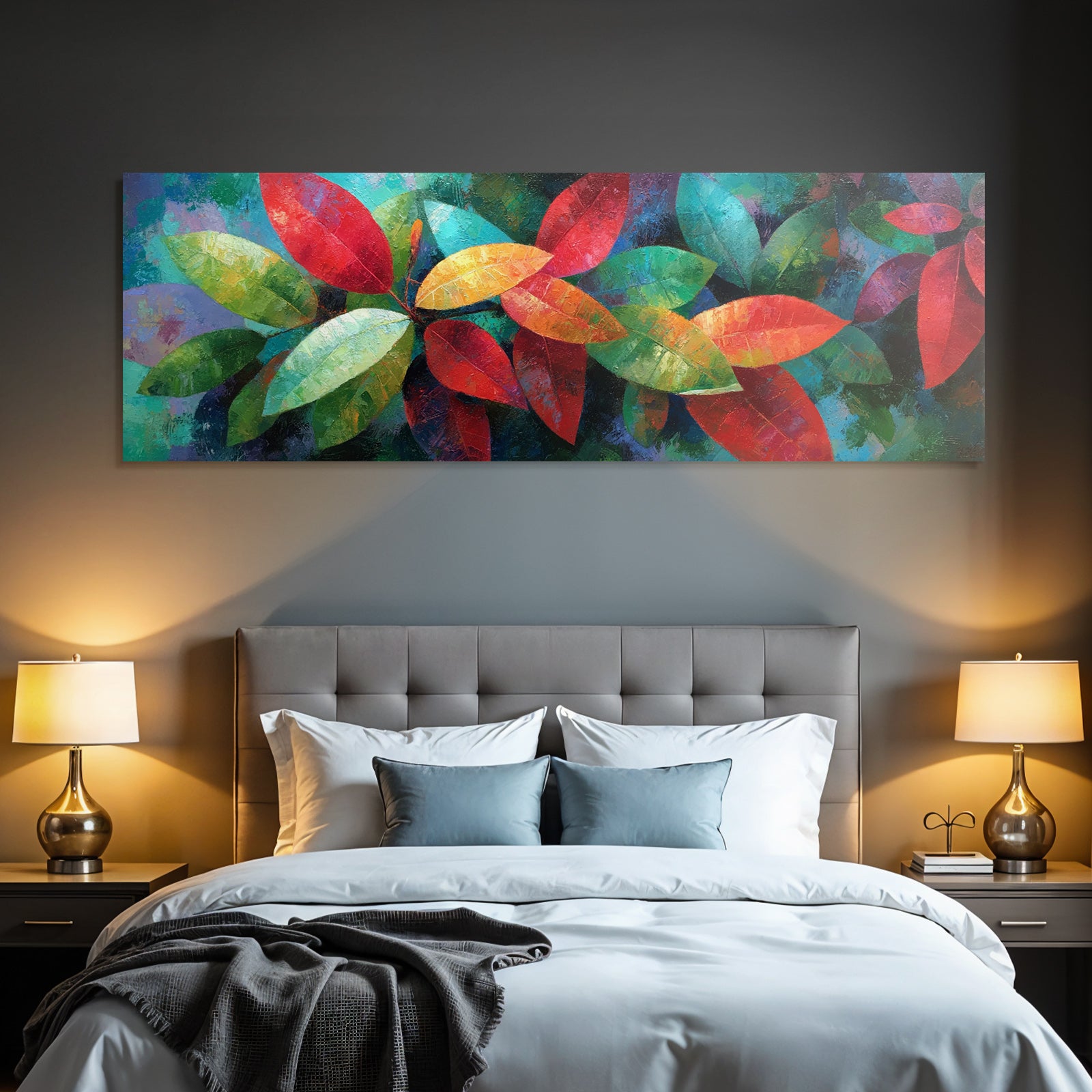 Tropics and jungle vibrant arrangement of leaves in red, green and orange