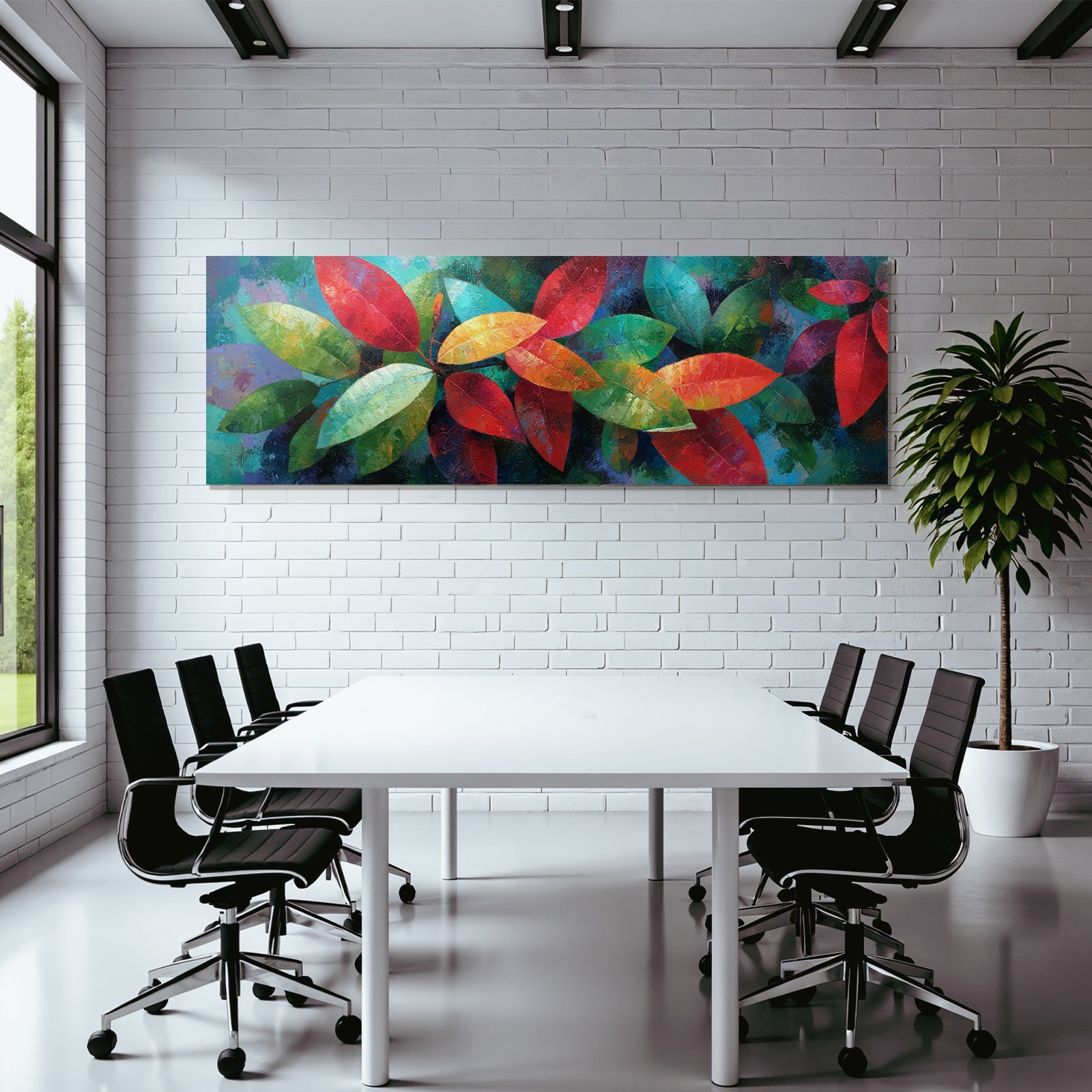 Tropics and jungle vibrant arrangement of leaves in red, green and orange