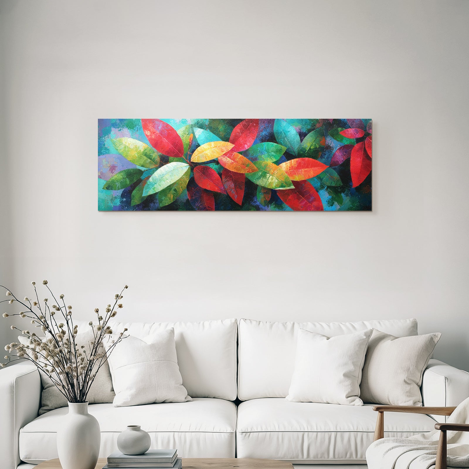 Tropics and jungle vibrant arrangement of leaves in red, green and orange