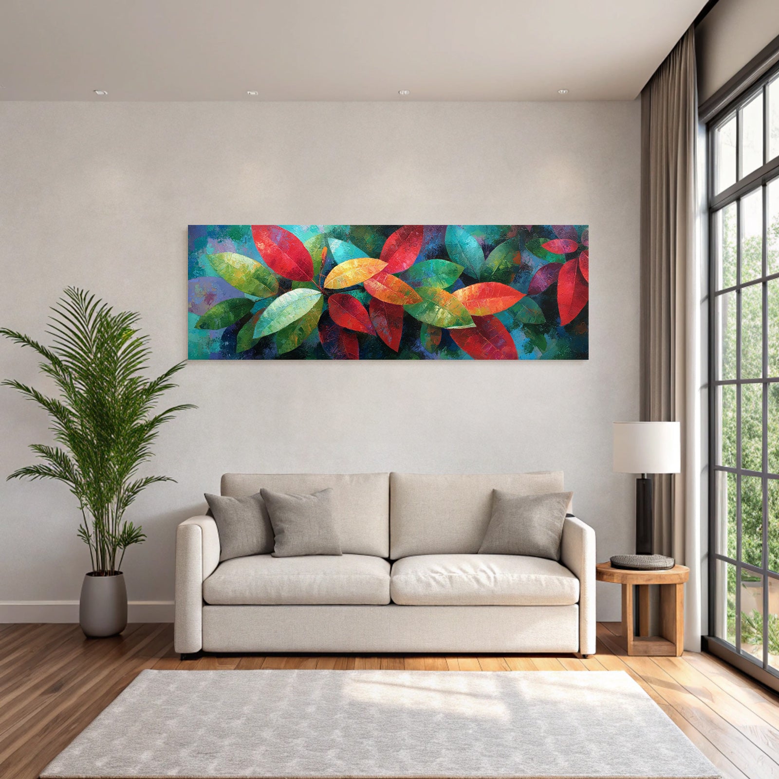 Tropics and jungle vibrant arrangement of leaves in red, green and orange
