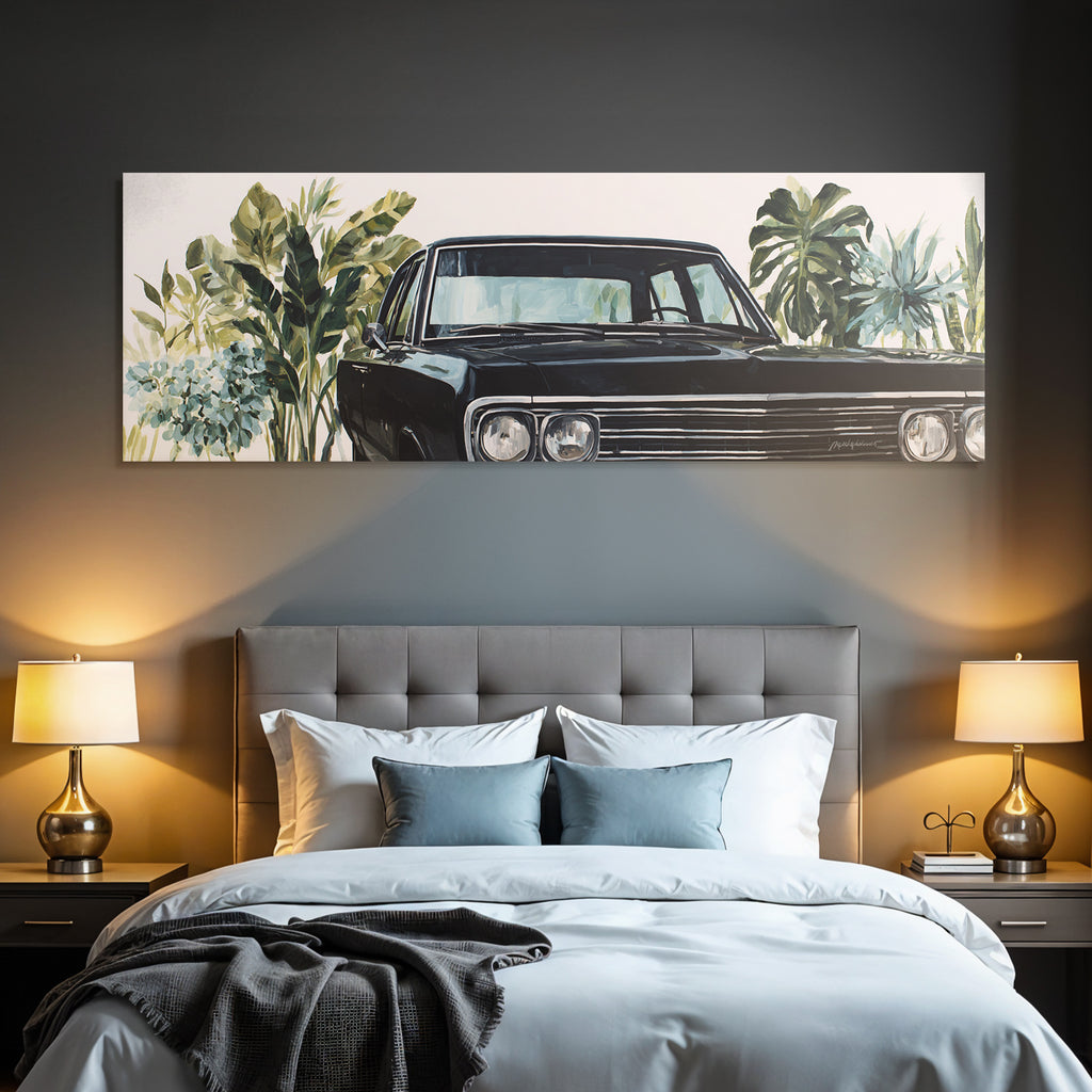 Tropen Und Dschungel Vintage Schwarzes Auto Umgeben Von Grünen Pflanzen Und Blumen