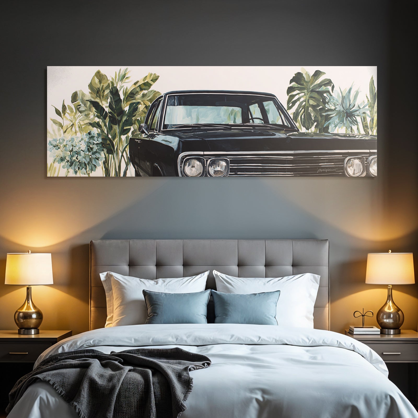 Tropics and jungle vintage black car surrounded by green plants and flowers
