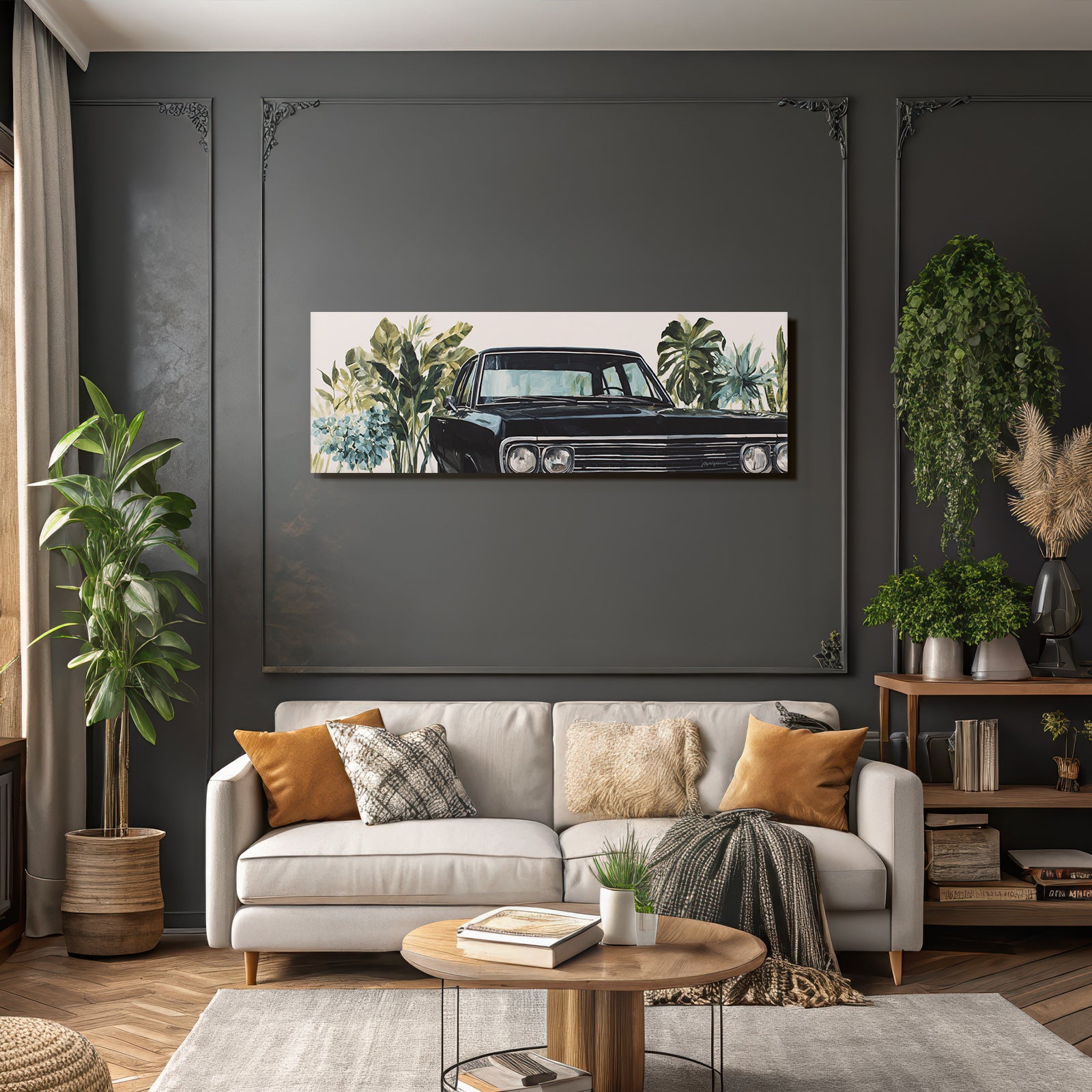 Tropics and jungle vintage black car surrounded by green plants and flowers