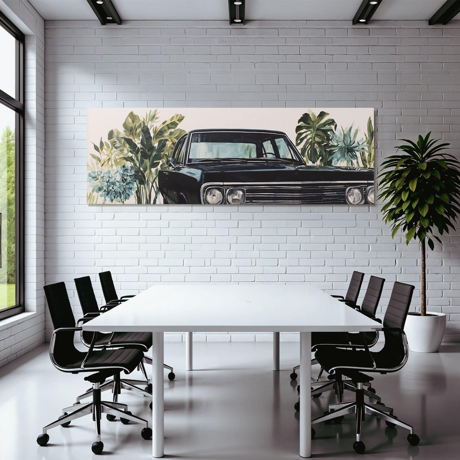 Tropics and jungle vintage black car surrounded by green plants and flowers
