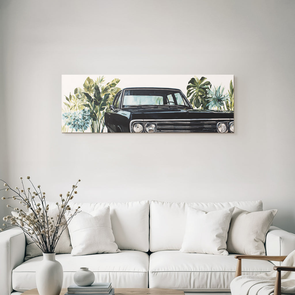 Tropen Und Dschungel Vintage Schwarzes Auto Umgeben Von Grünen Pflanzen Und Blumen