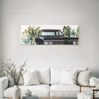 Tropen Und Dschungel Vintage Schwarzes Auto Umgeben Von Grünen Pflanzen Und Blumen