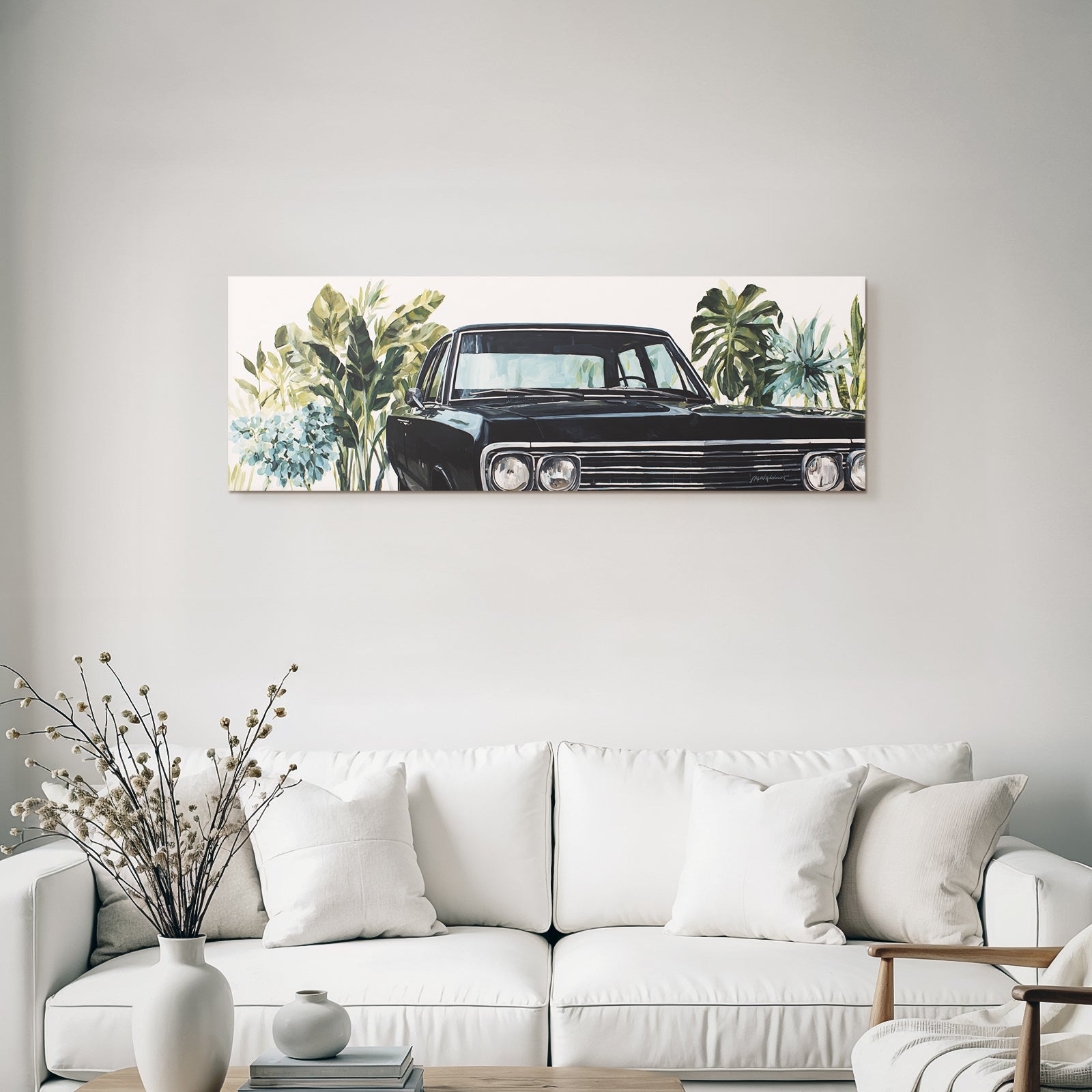 Tropics and jungle vintage black car surrounded by green plants and flowers