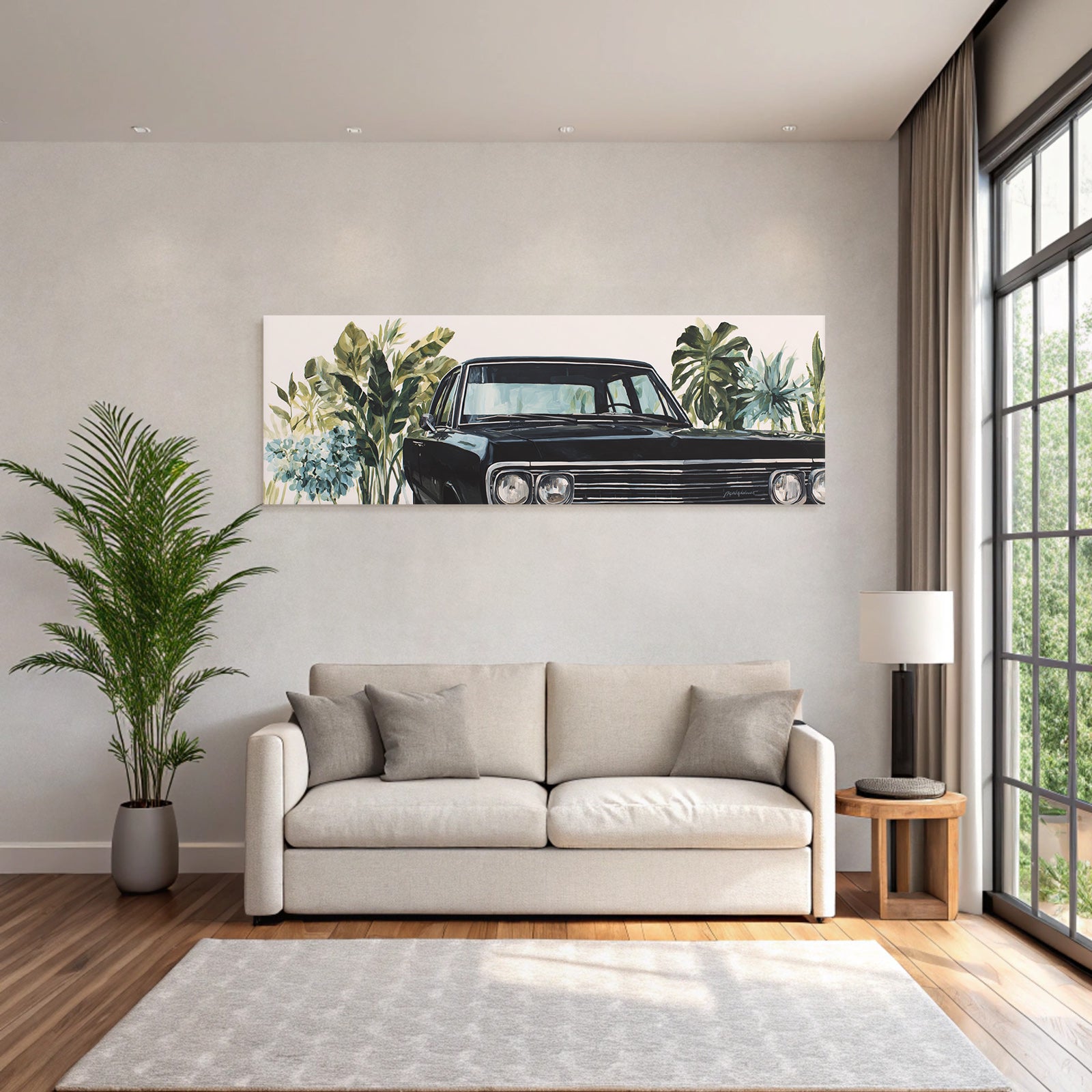 Tropics and jungle vintage black car surrounded by green plants and flowers