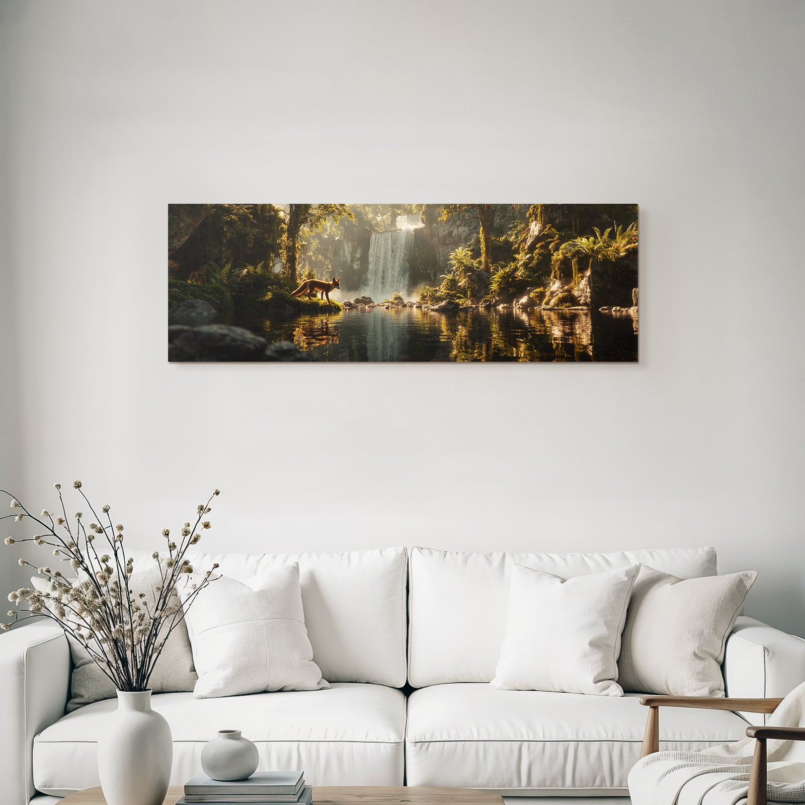 Tropical and jungle waterfall in the forest with fox and reflections