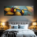 Tropics and jungle two toucans between colorful leaves artistic representation