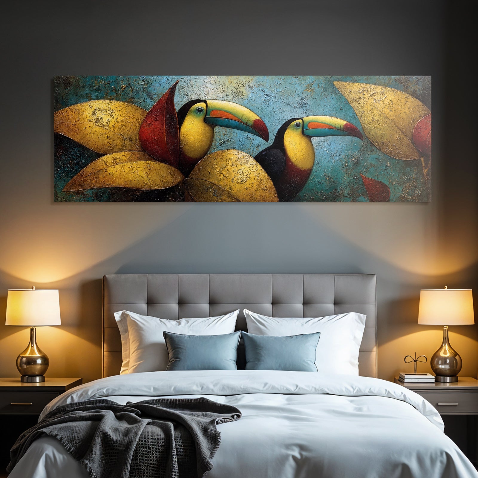 Tropics and jungle two toucans between colorful leaves artistic representation