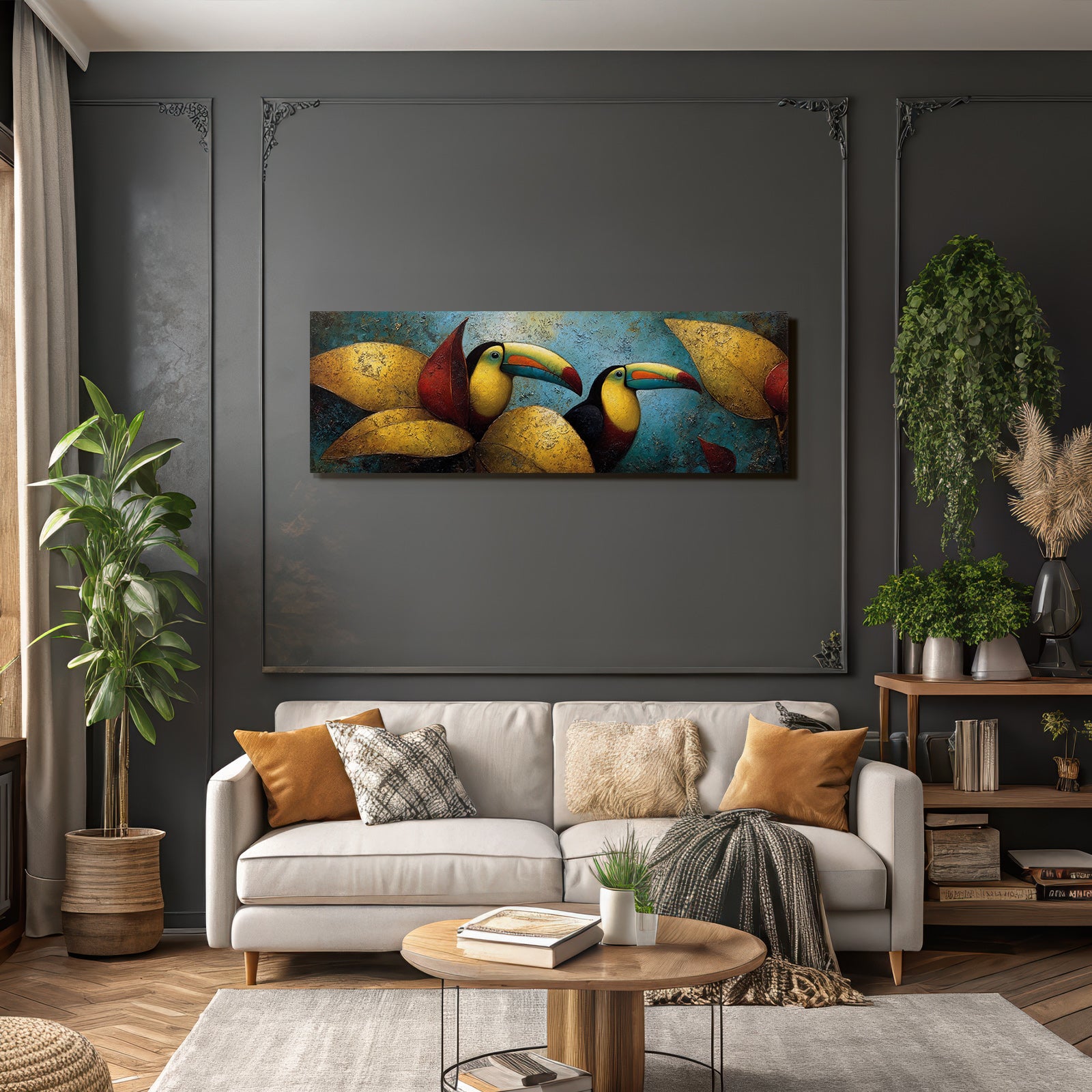 Tropics and jungle two toucans between colorful leaves artistic representation