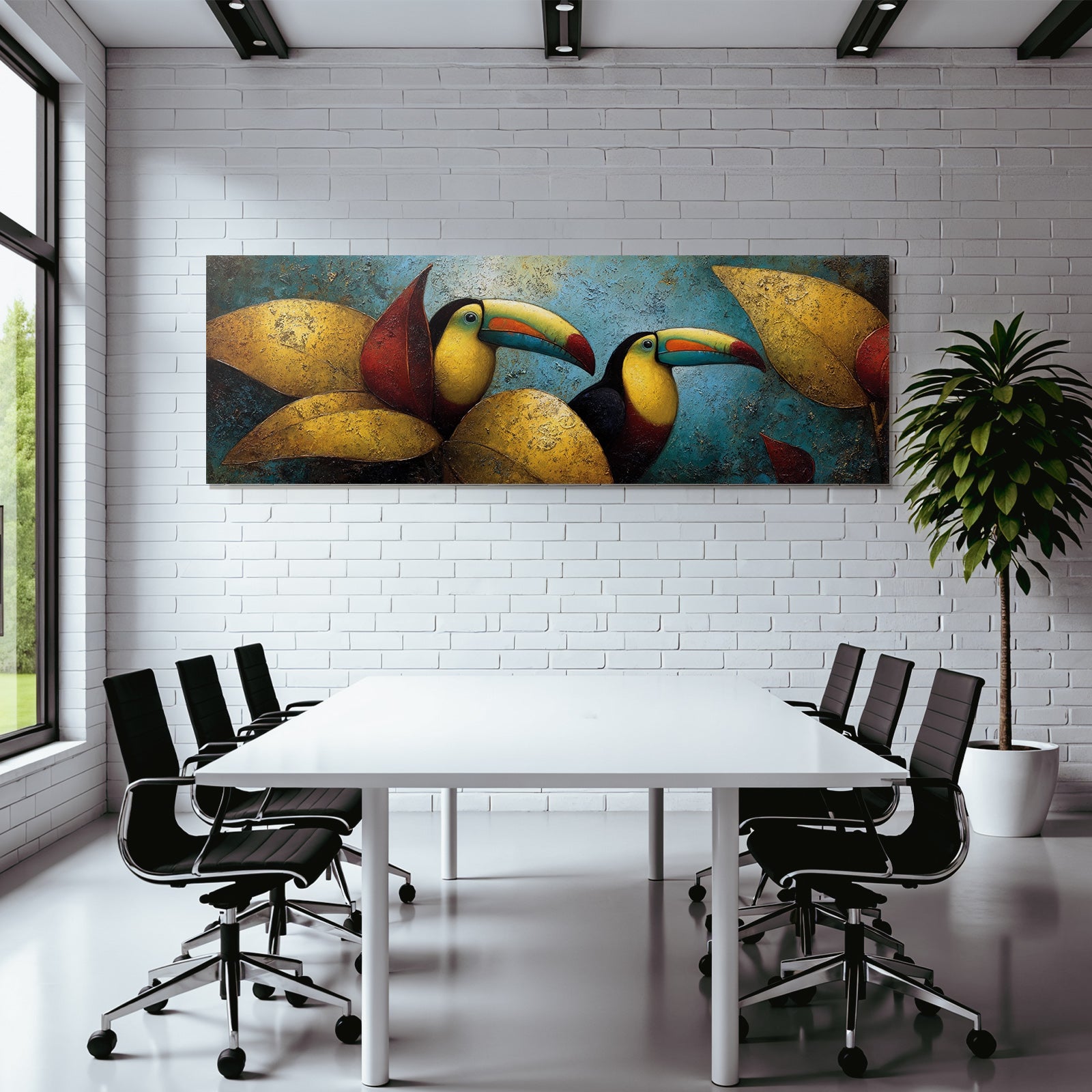 Tropics and jungle two toucans between colorful leaves artistic representation