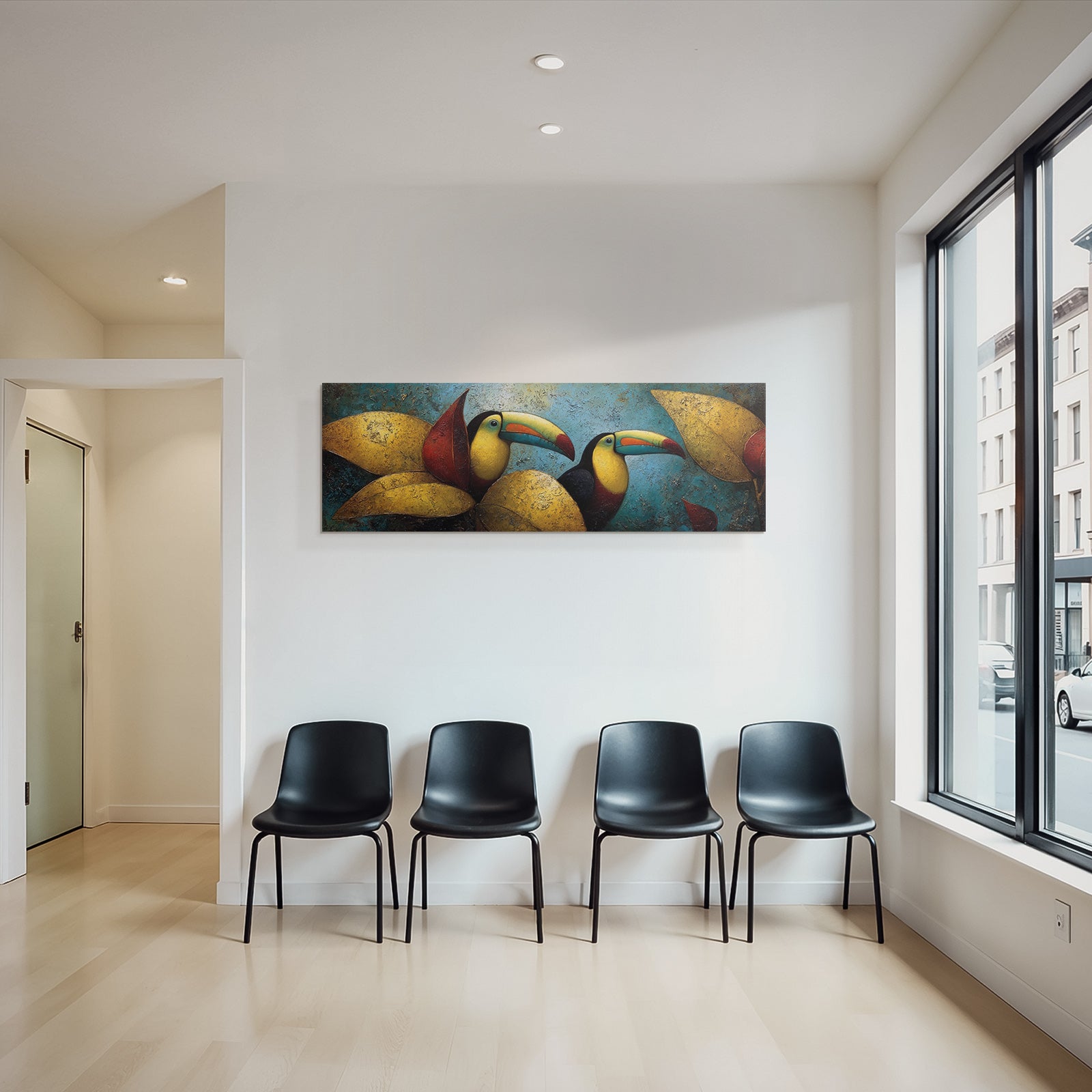 Tropics and jungle two toucans between colorful leaves artistic representation