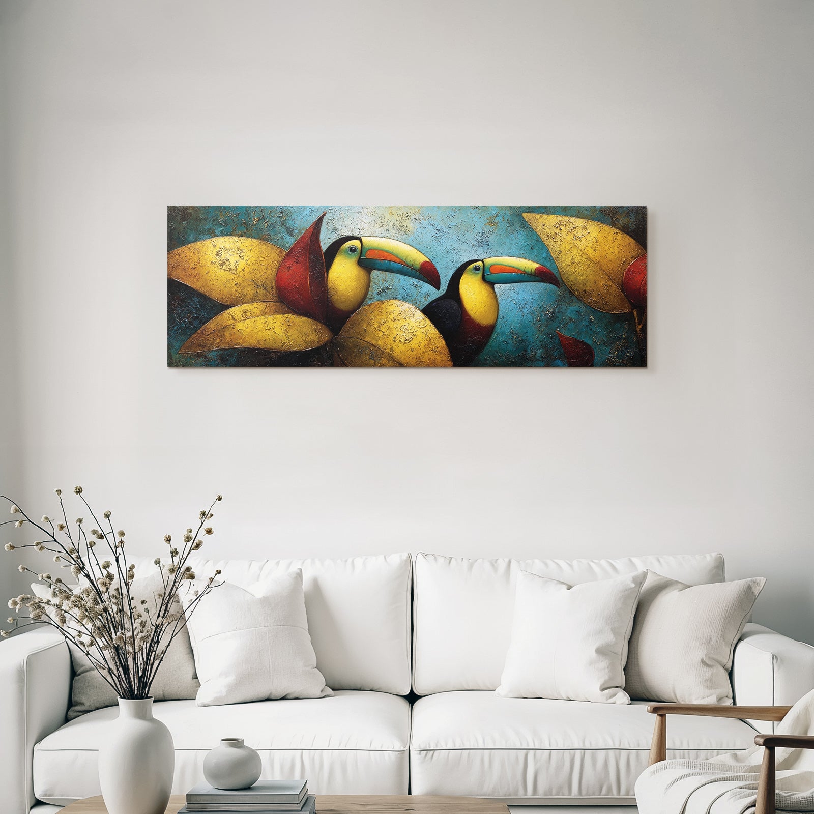 Tropics and jungle two toucans between colorful leaves artistic representation