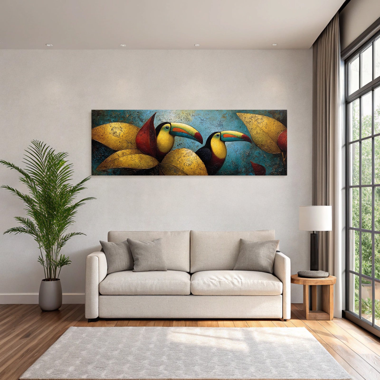 Tropics and jungle two toucans between colorful leaves artistic representation