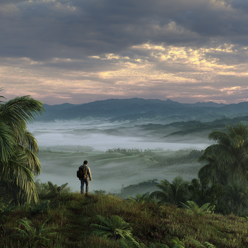 Tropen Und Dschungel Person Auf Dem Hügel Mit Aussicht Auf Die Landlandschaft Mit Mountains Und Mist | Tropen und Dschungel | Landschaften