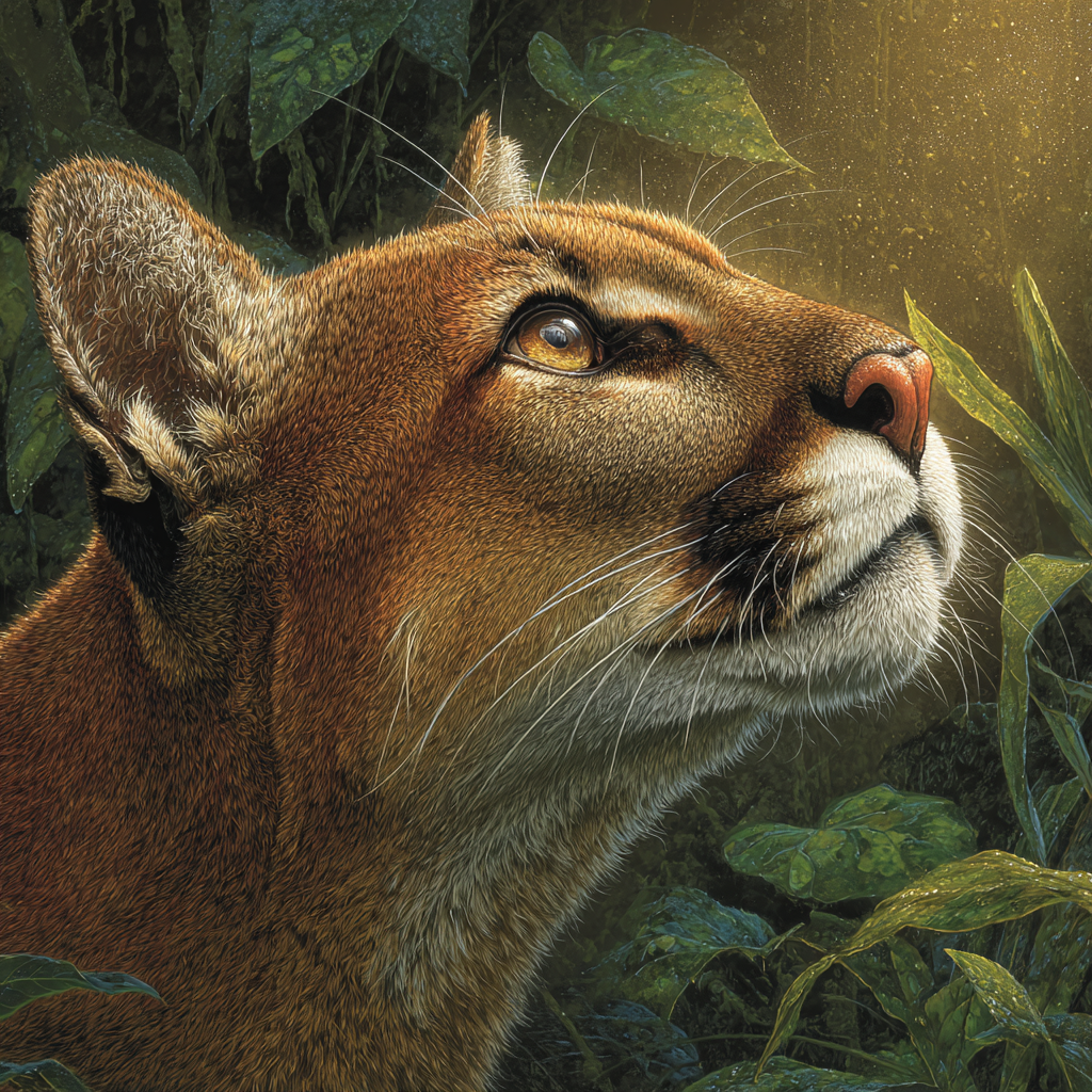 Tropen Und Dschungel Puma Blickt Nach Oben Umgeben Von Laub | Tropen und Dschungel | Landschaften