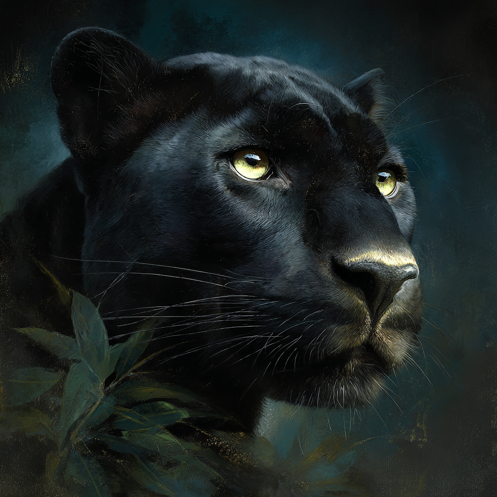 Tropen Und Dschungel Schwarzer Panther Portrait Im Dunkeln Mit Blättern | Tropen und Dschungel | Landschaften