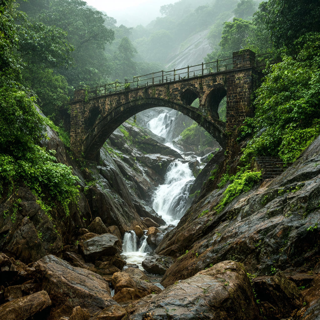 Tropen Und Dschungel Steinbrücke Wasserfall Landschaft Natur Mistig | Tropen und Dschungel | Landschaften