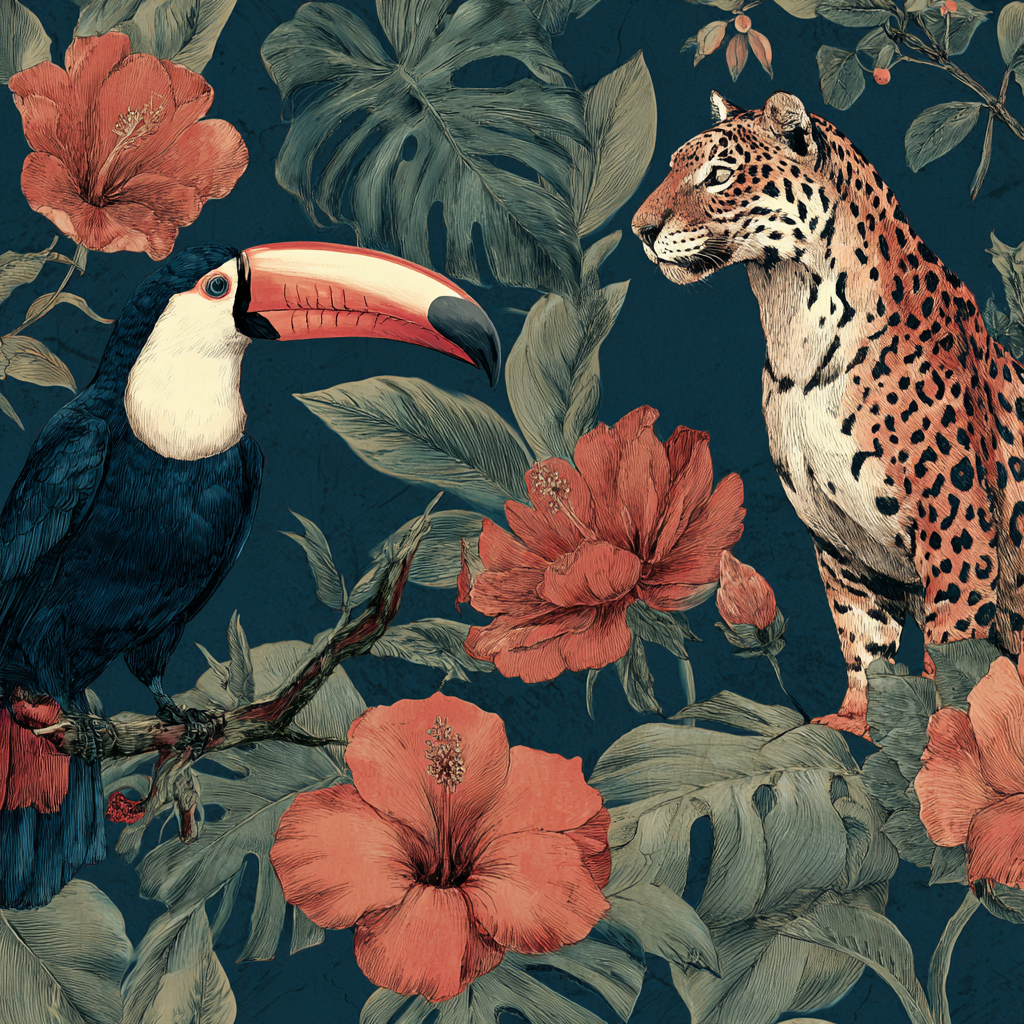 Tropen Und Dschungel Toucan Und Jaguar Im Tropischen Blumen Hintergrund | Tropen und Dschungel | Landschaften