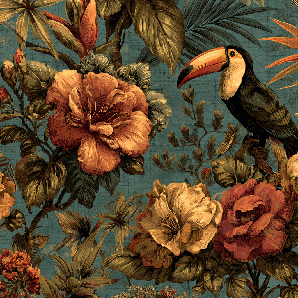 Tropen Und Dschungel Tropische Blumen Und Tukan Vibrante Design Textil Muster | Tropen und Dschungel | Landschaften