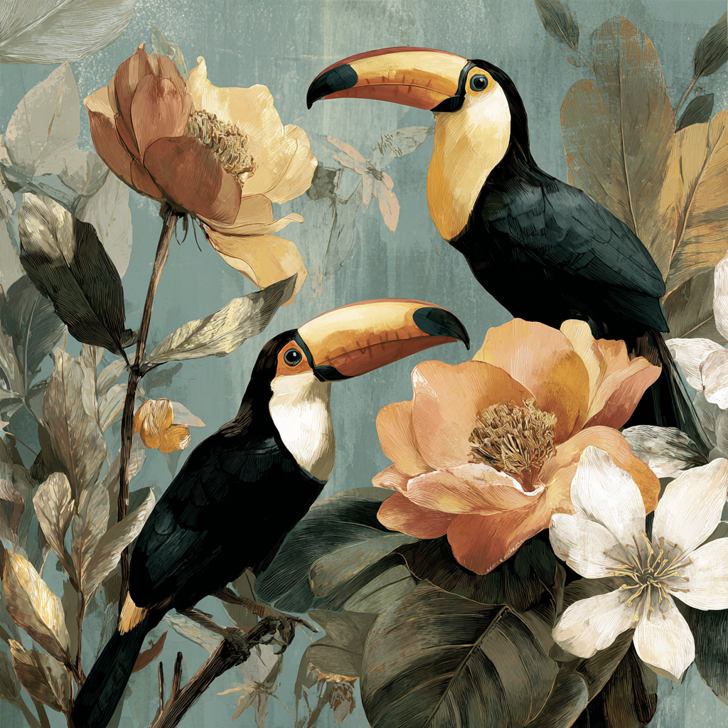 Tropen Und Dschungel Tropische Tukan Mit Blumen Und Blättern Illustration | Tropen und Dschungel | Landschaften