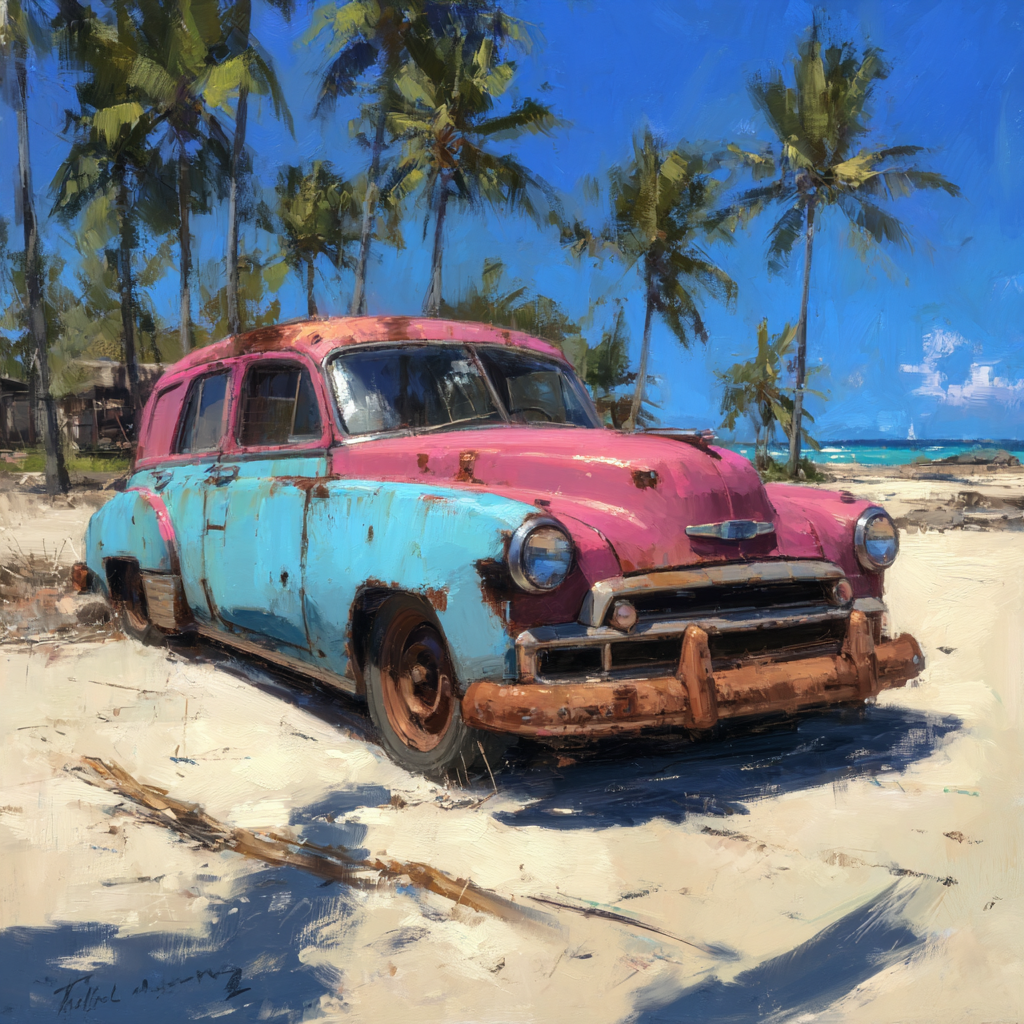 Tropen Und Dschungel Vintage Auto Rosa Blau Verlassen Am Strand Mit Palmbaum | Tropen und Dschungel | Landschaften