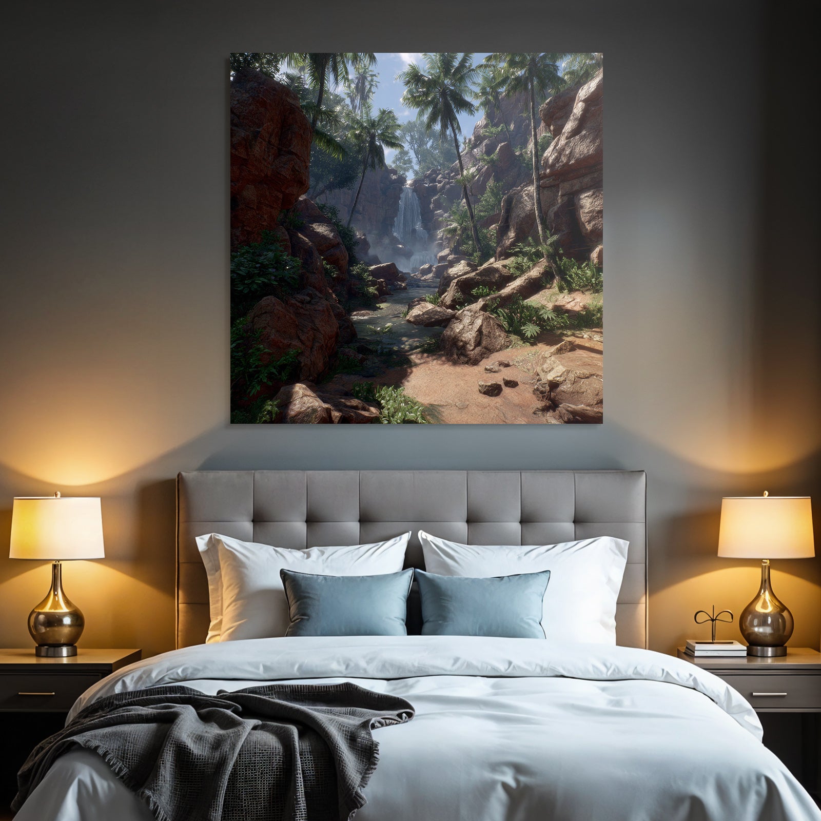 Tropics and Jungle Eelfall Surrounded by Green Plants and Palm Trees in a Tropical Landscape