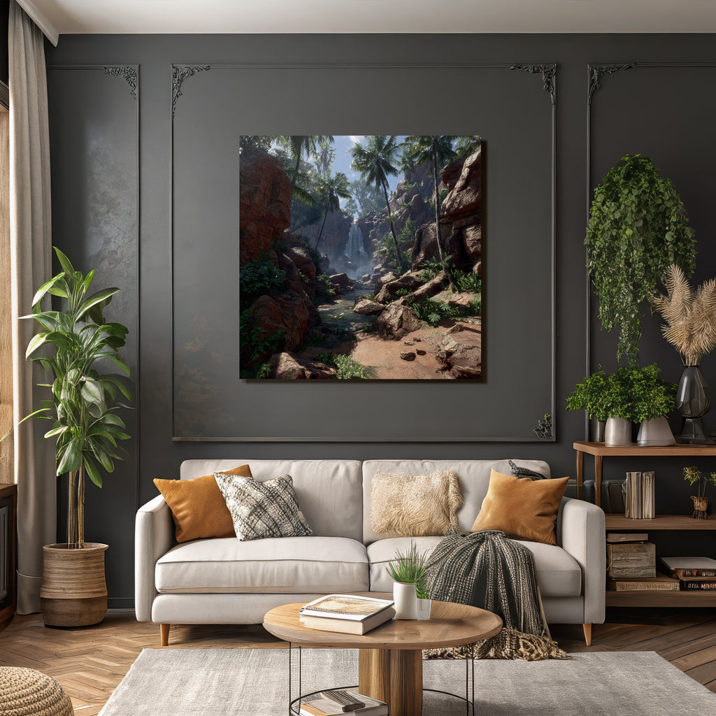 Tropics and Jungle Eelfall Surrounded by Green Plants and Palm Trees in a Tropical Landscape