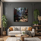Tropics and Jungle Eelfall Surrounded by Green Plants and Palm Trees in a Tropical Landscape