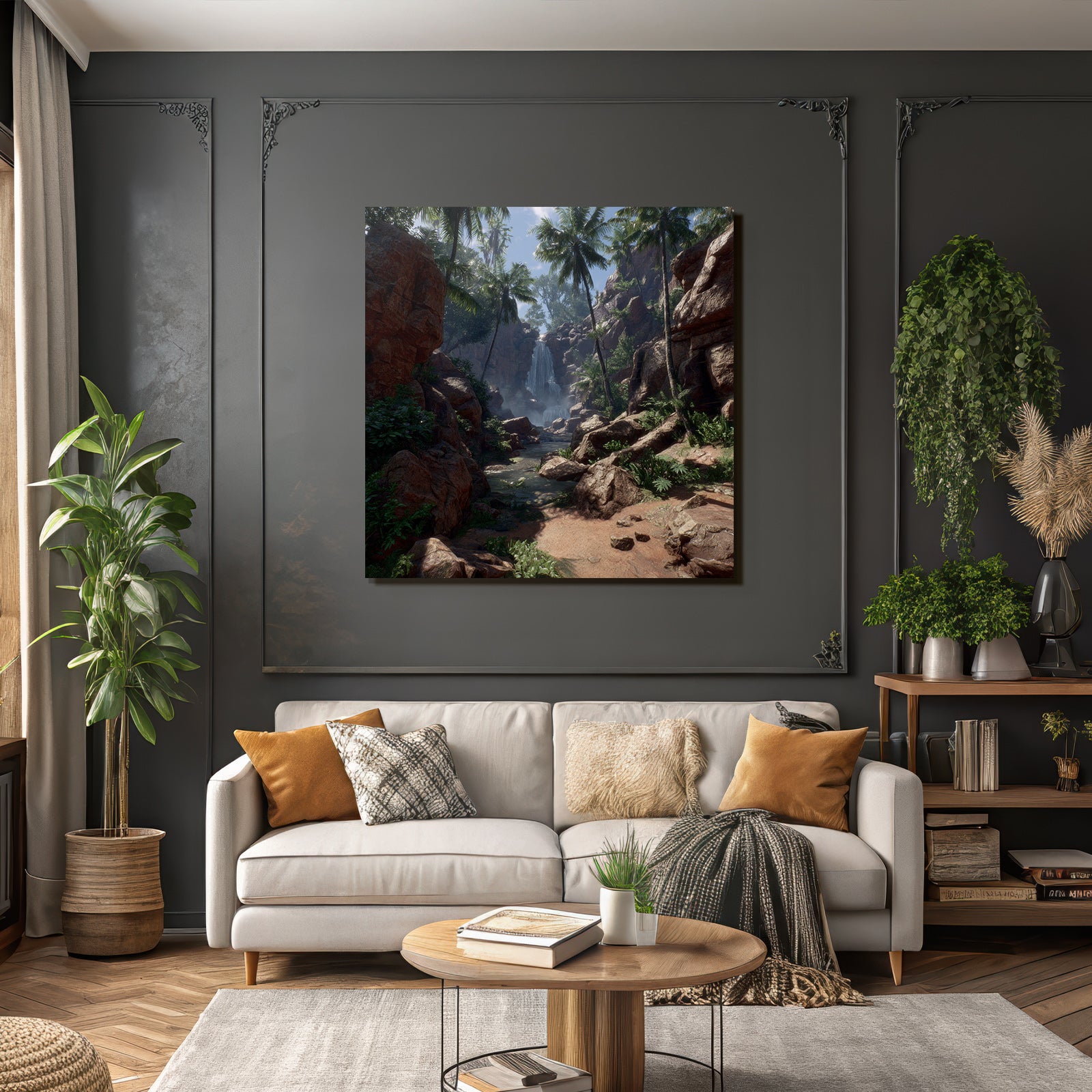 Tropics and Jungle Eelfall Surrounded by Green Plants and Palm Trees in a Tropical Landscape