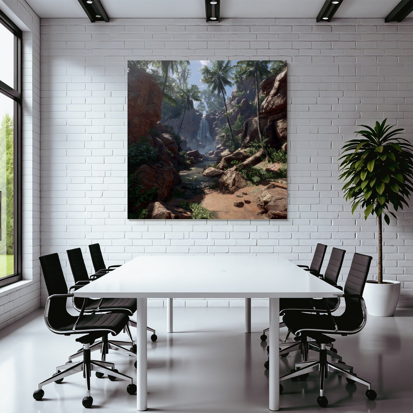 Tropics and Jungle Eelfall Surrounded by Green Plants and Palm Trees in a Tropical Landscape