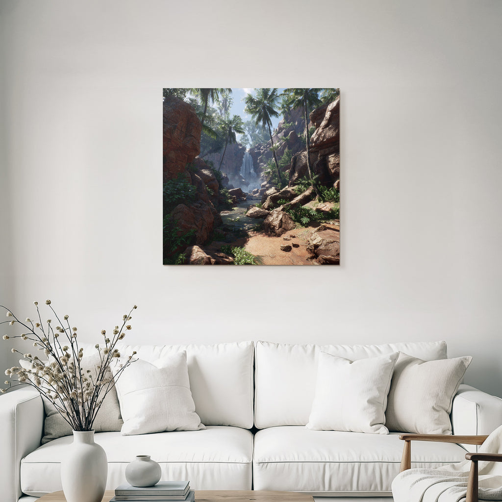 Tropics and Jungle Eelfall Surrounded by Green Plants and Palm Trees in a Tropical Landscape