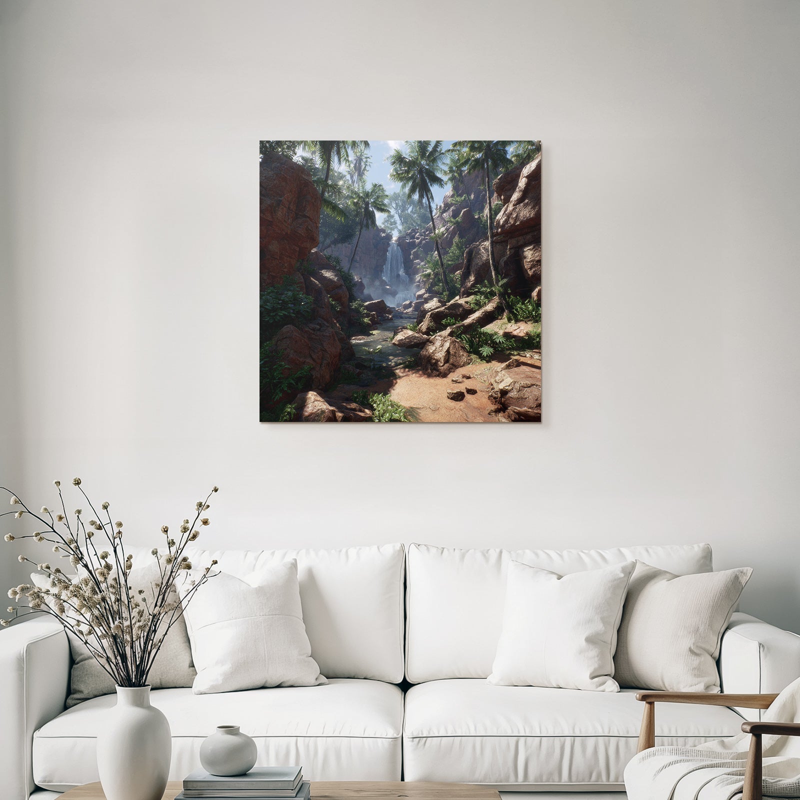 Tropics and Jungle Eelfall Surrounded by Green Plants and Palm Trees in a Tropical Landscape