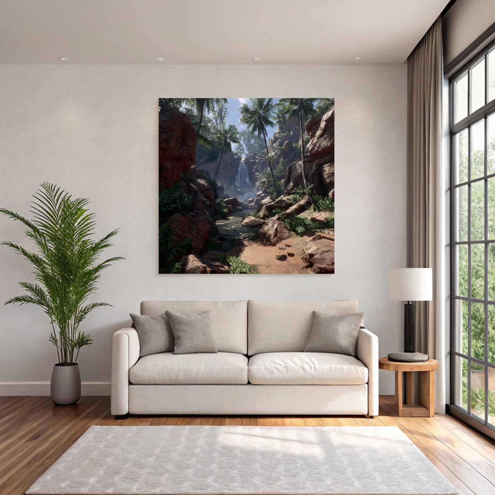 Tropics and Jungle Eelfall Surrounded by Green Plants and Palm Trees in a Tropical Landscape