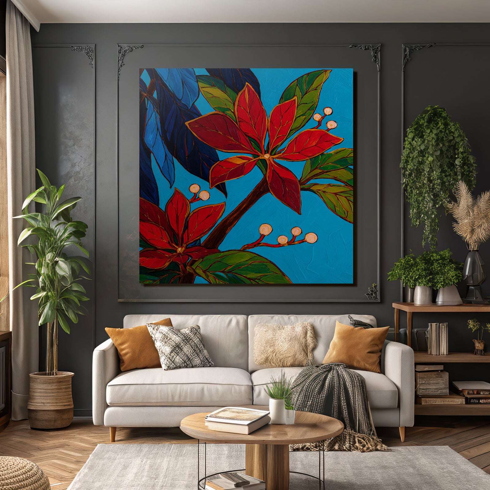 Tropics and jungle blooming flowers and leaves with colorful background
