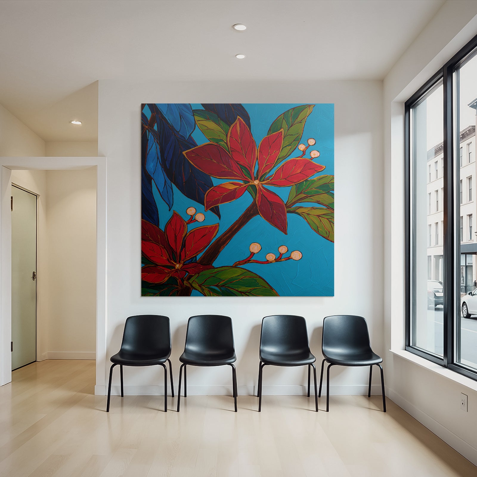Tropics and jungle blooming flowers and leaves with colorful background