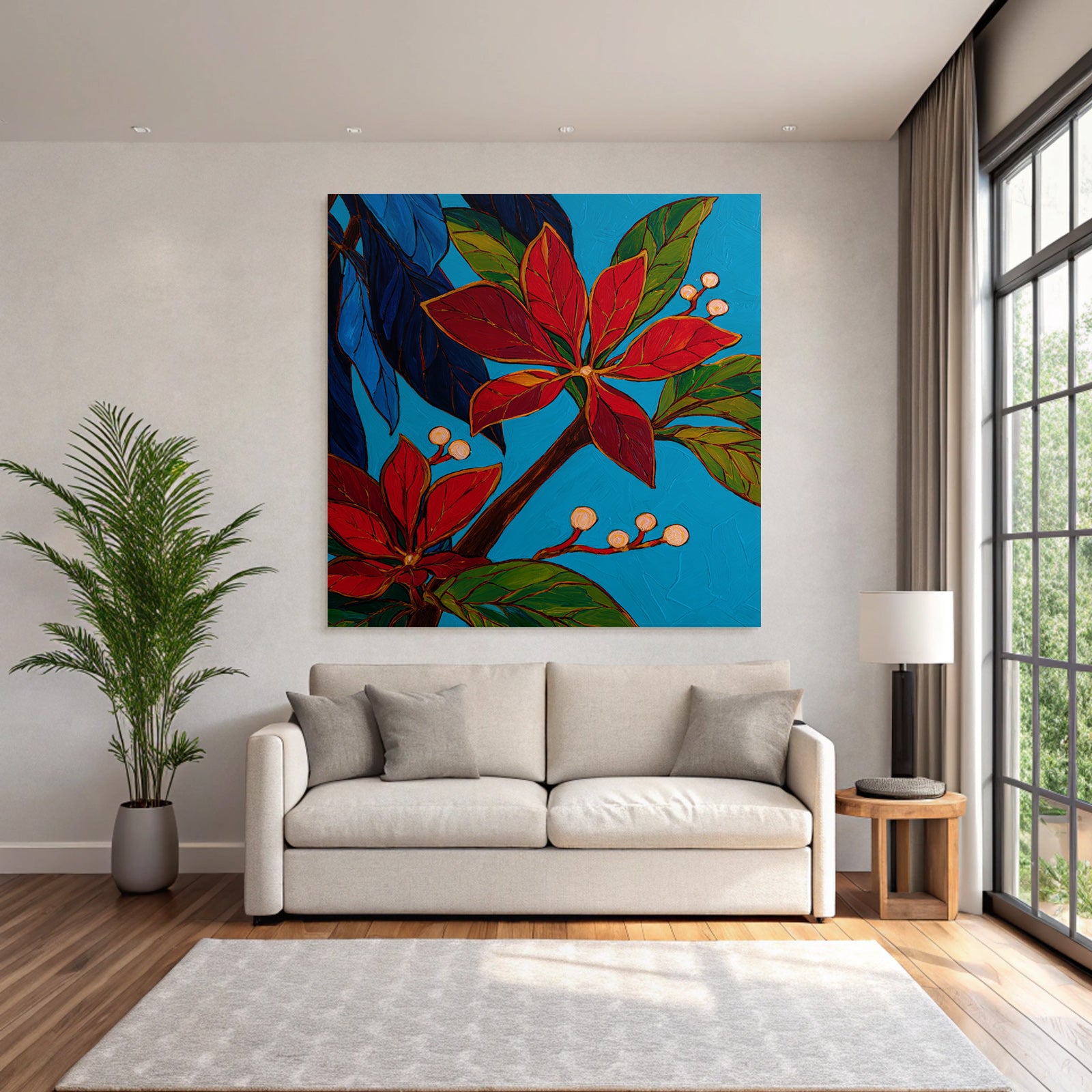 Tropics and jungle blooming flowers and leaves with colorful background