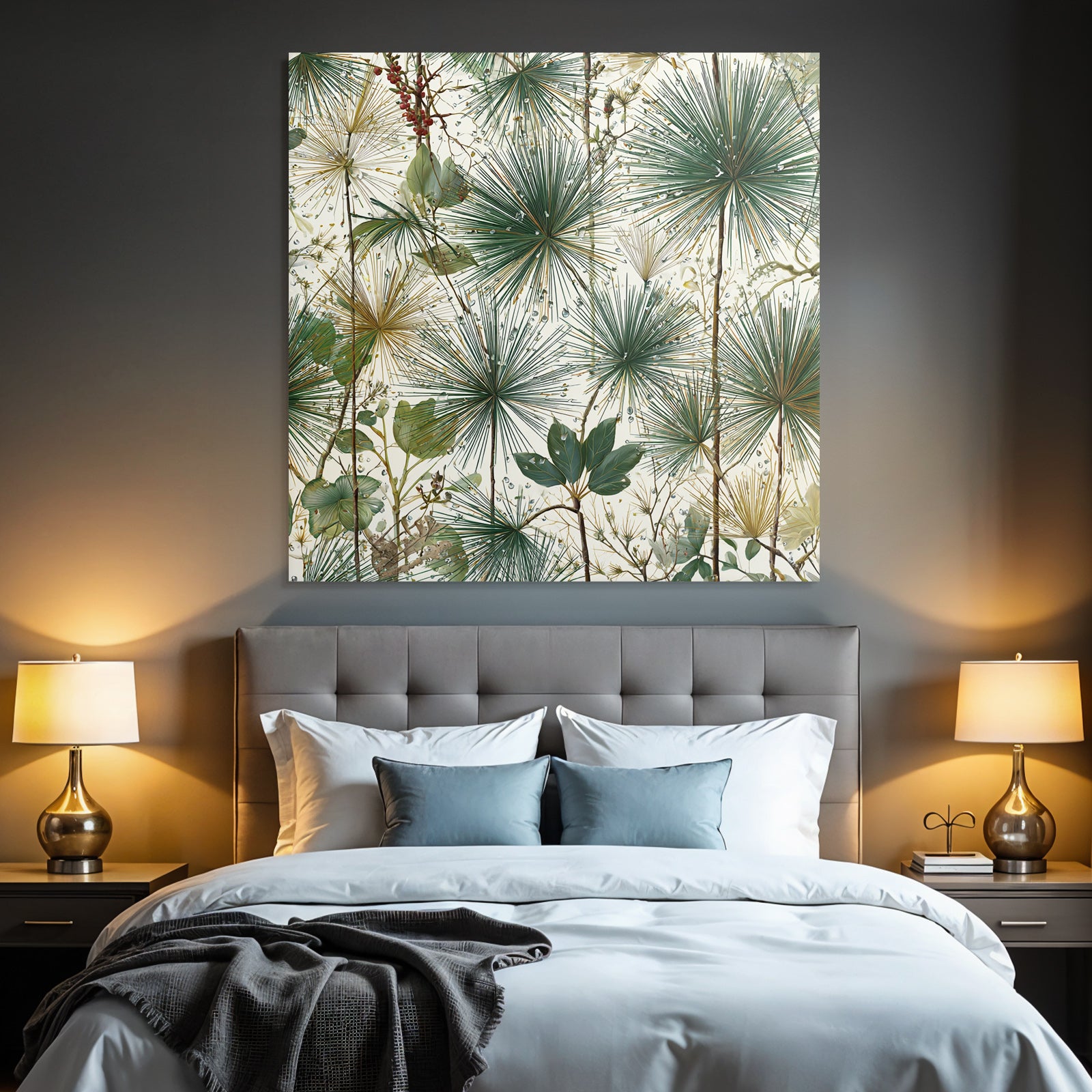 Tropical and jungle botanical pattern with clustered leaf green and gold tone background