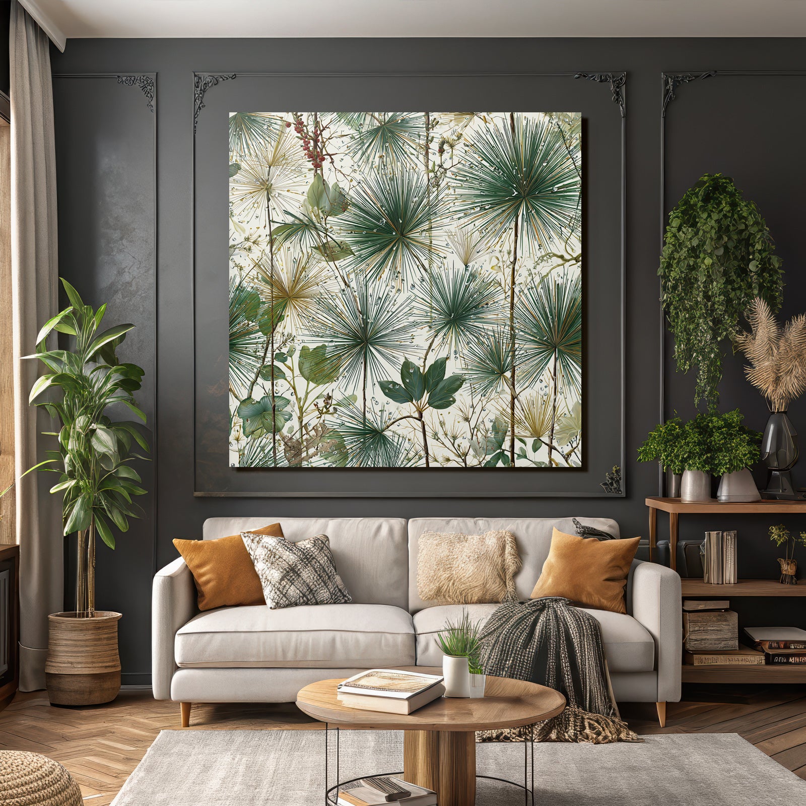 Tropical and jungle botanical pattern with clustered leaf green and gold tone background