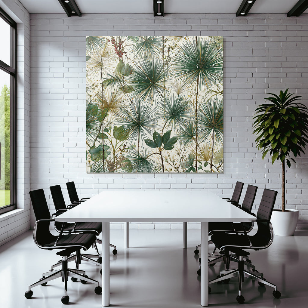 Tropical and jungle botanical pattern with clustered leaf green and gold tone background