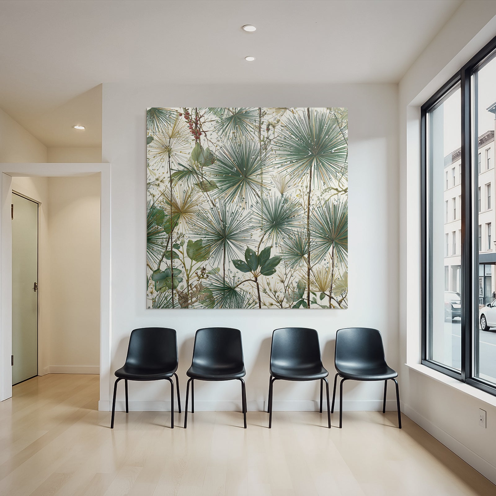 Tropical and jungle botanical pattern with clustered leaf green and gold tone background