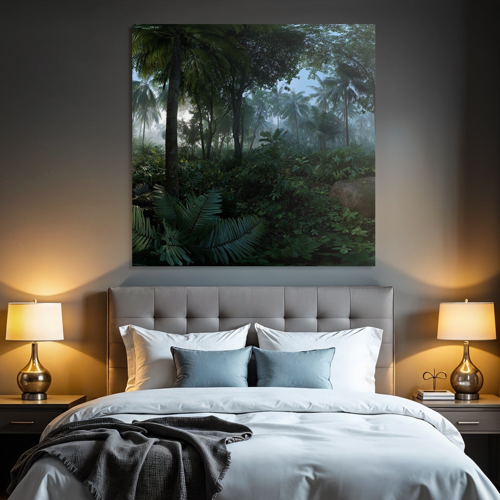 Tropics and Jungle Dense tropical forest scene with palm trees and ferns with fog and light filtering