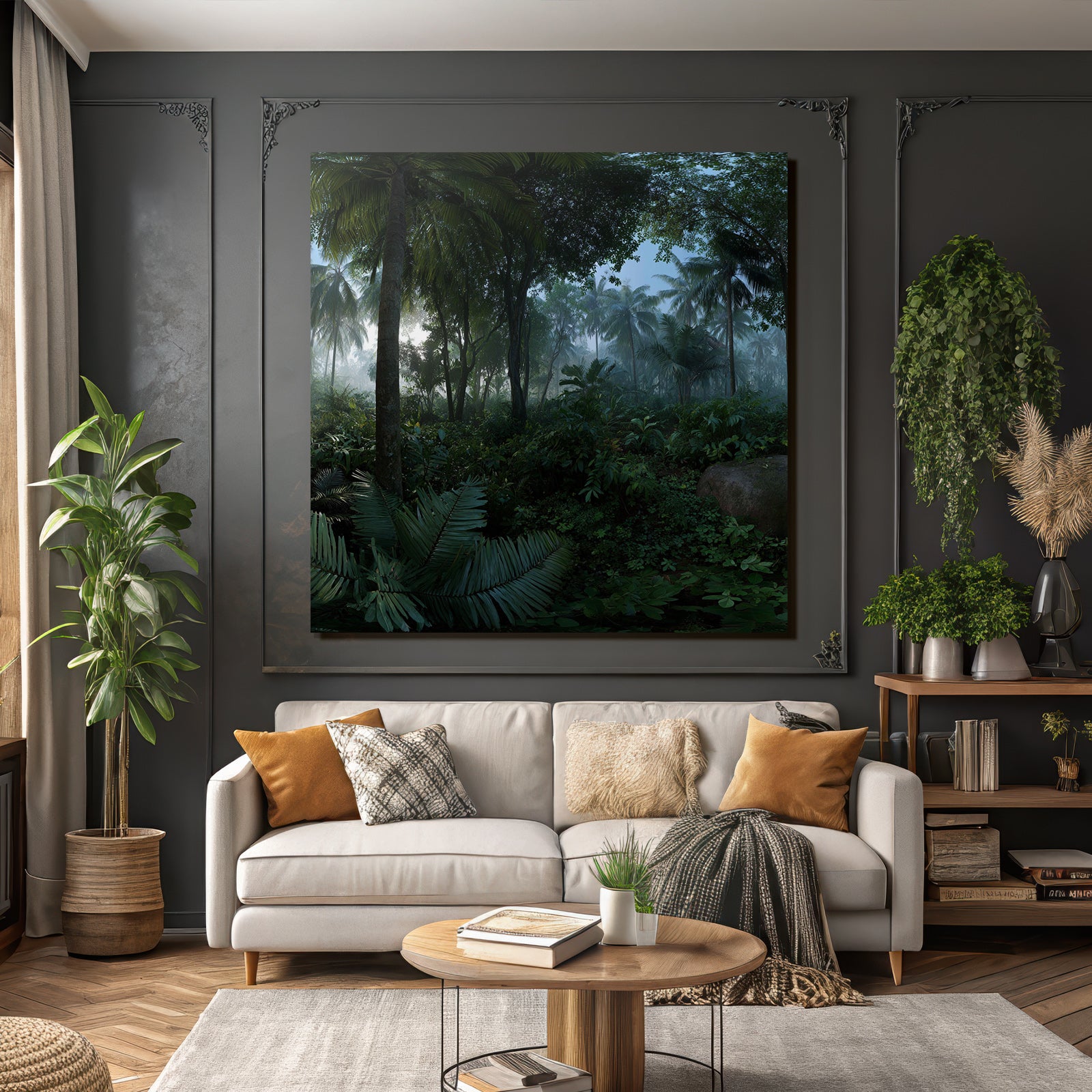 Tropics and Jungle Dense tropical forest scene with palm trees and ferns with fog and light filtering