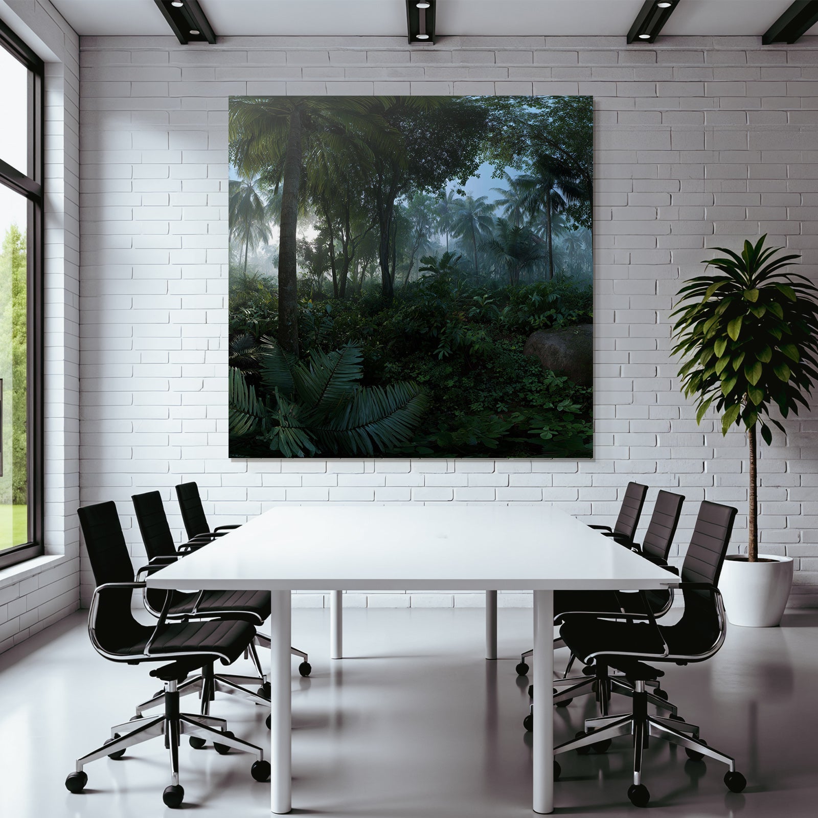 Tropics and Jungle Dense tropical forest scene with palm trees and ferns with fog and light filtering