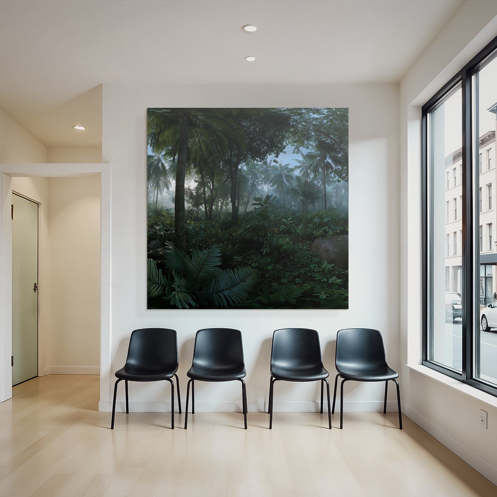 Tropics and Jungle Dense tropical forest scene with palm trees and ferns with fog and light filtering